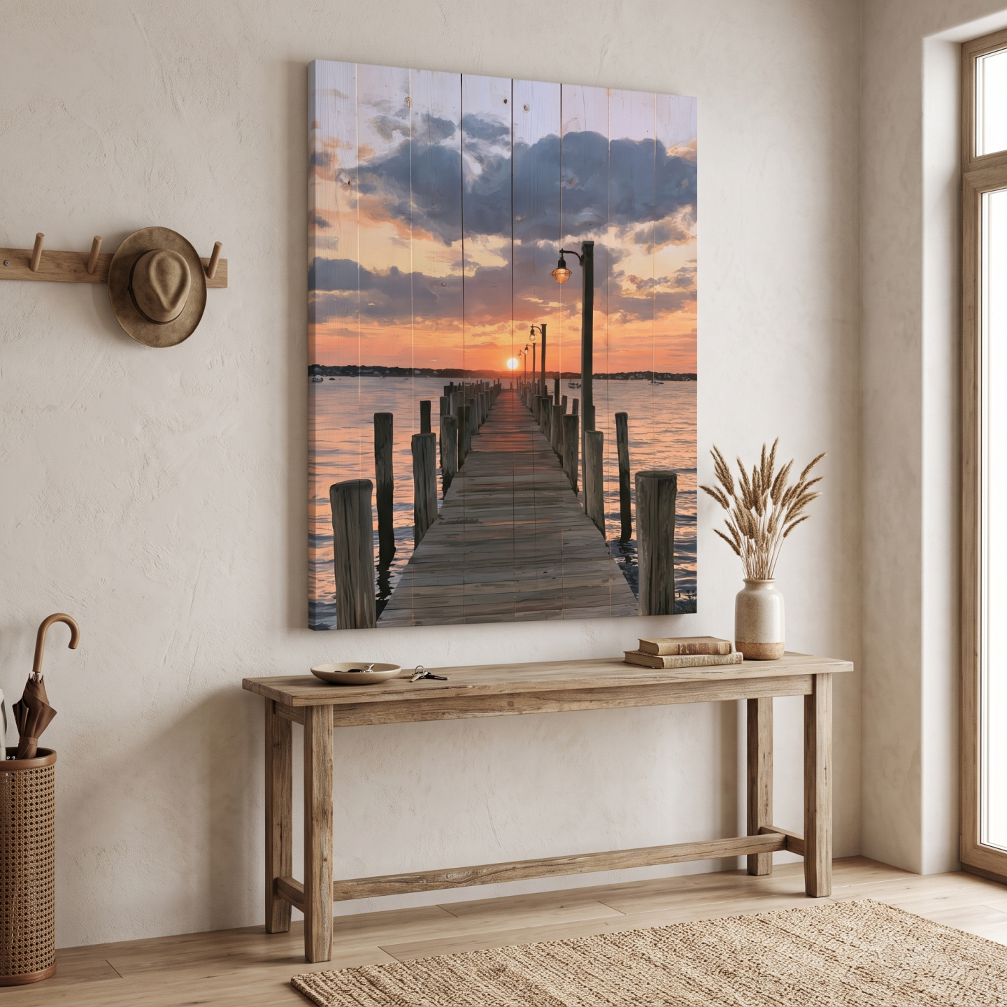 Mockup: Sunset Pier Painting Reclaimed Wood Effect - Coastal Landscape Wall Art