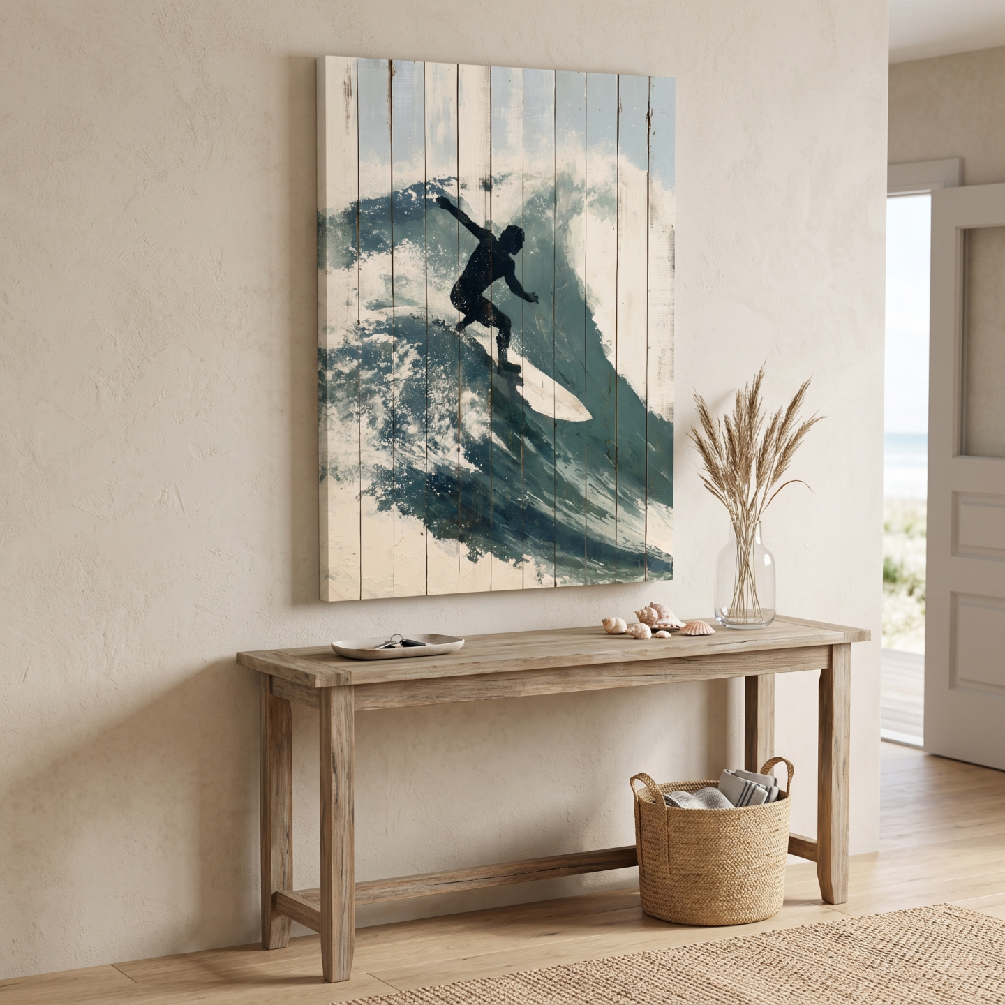 Mockup: Surfer Silhouette Riding Wave Painting - Rustic Coastal Wall Art