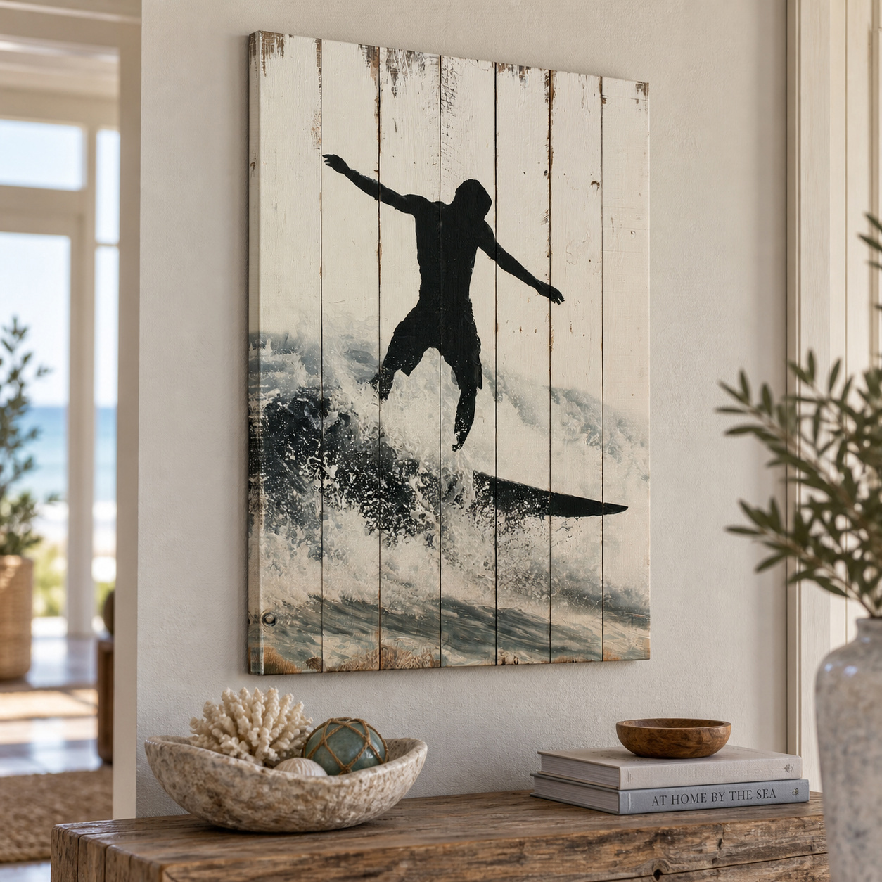 Mockup: Surfer Silhouette Painting - Rustic Reclaimed Wood Artwork