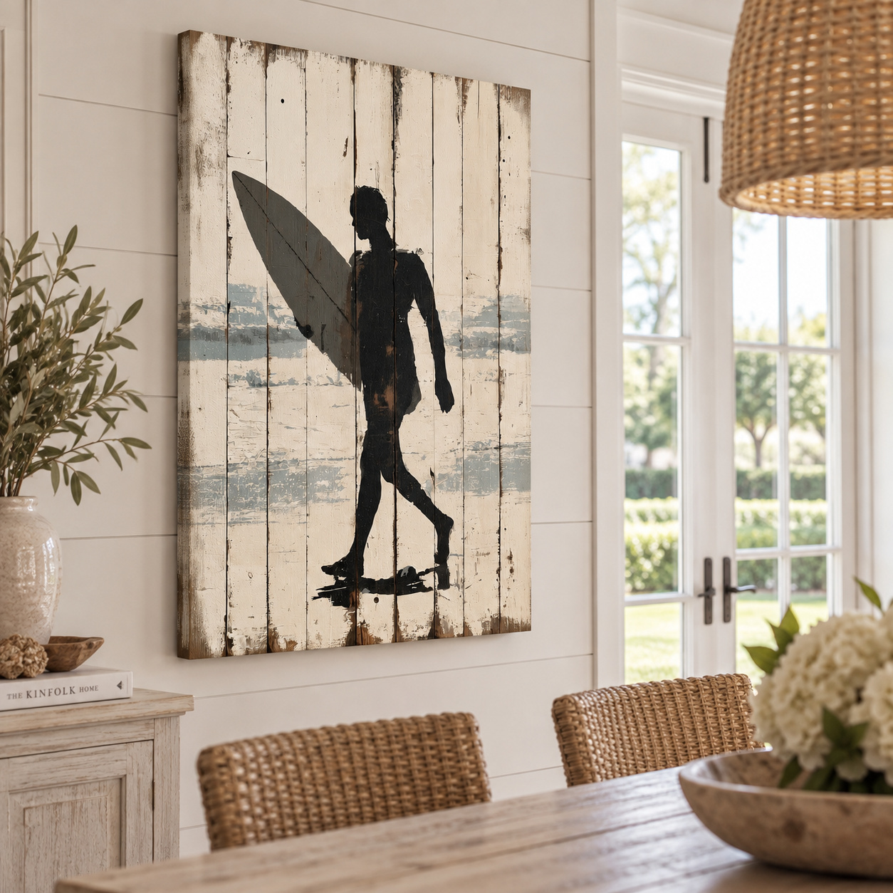Mockup: Surfer Silhouette Reclaimed Wood Painting - Rustic Beach Wall Art