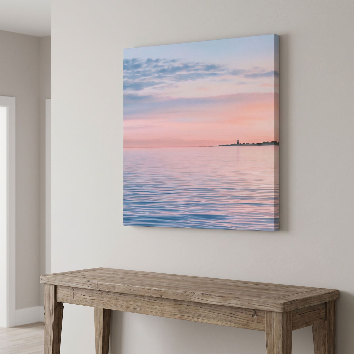 Mockup: Serene Lighthouse Sunset - Pastel Seascape Wall Art