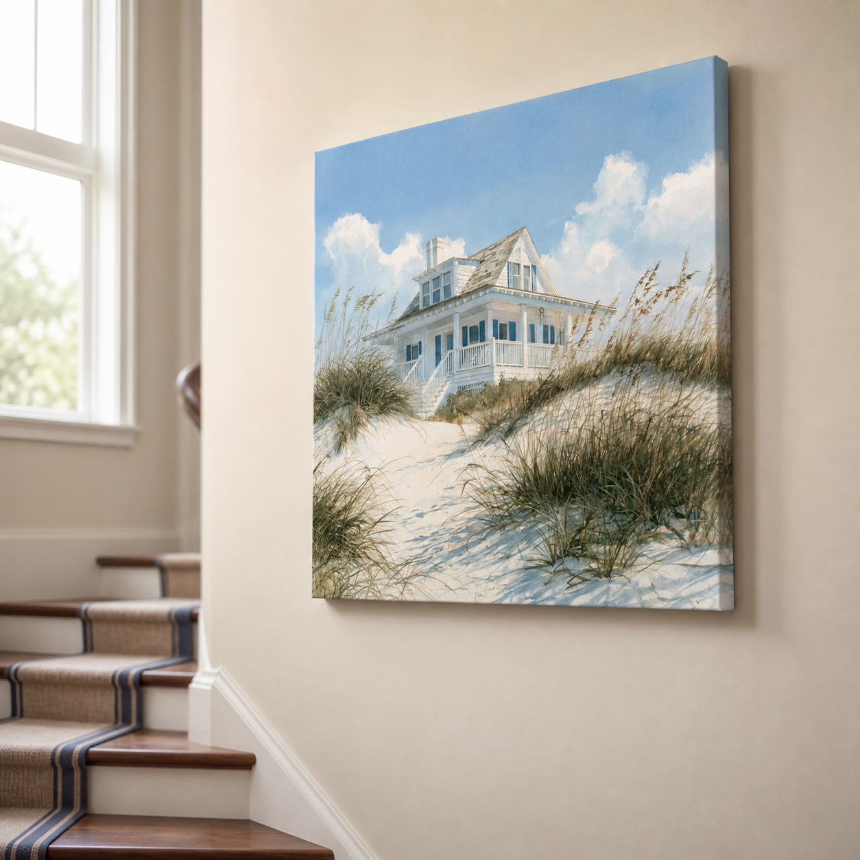 Mockup: Serene Beach Cottage Painting - Coastal Dune House Wall Art