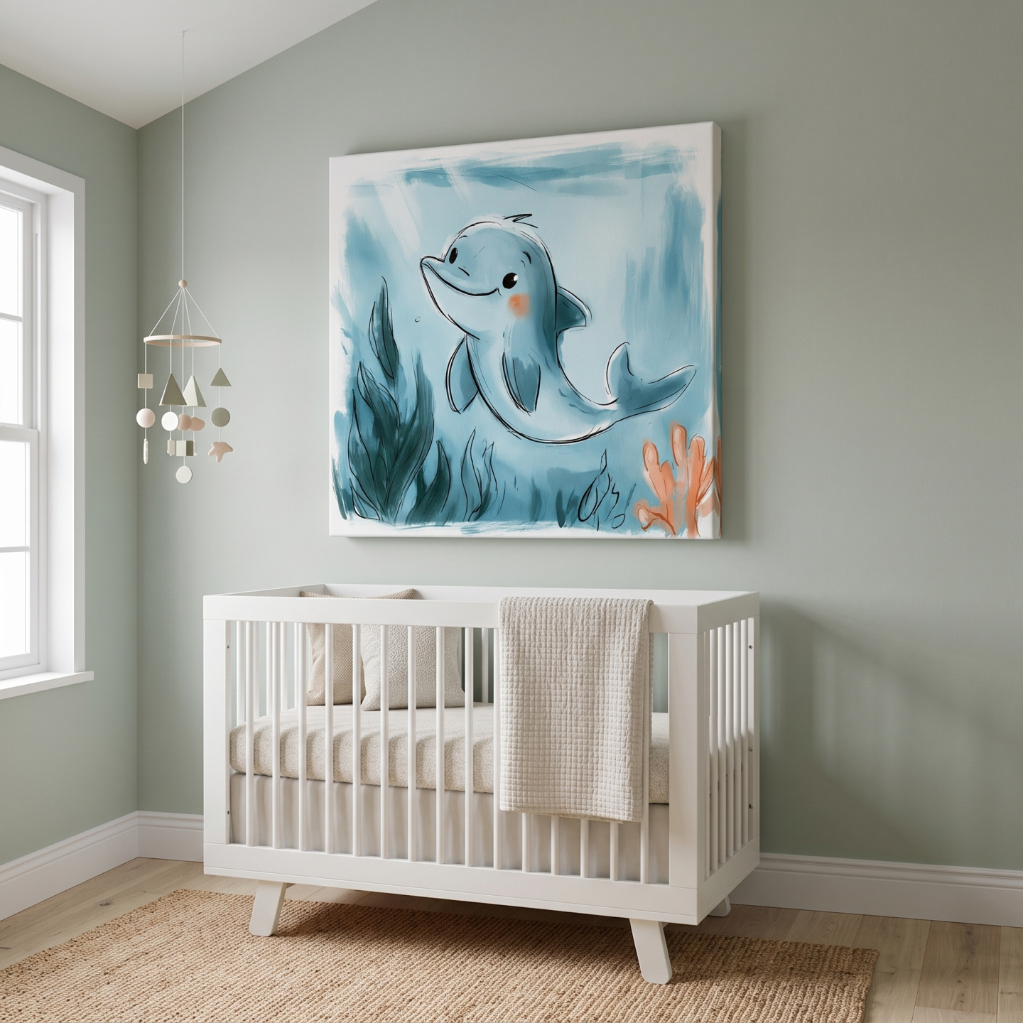 Mockup: Cute Underwater Dolphin Watercolour Illustration - Nursery Marine Life Wall Art