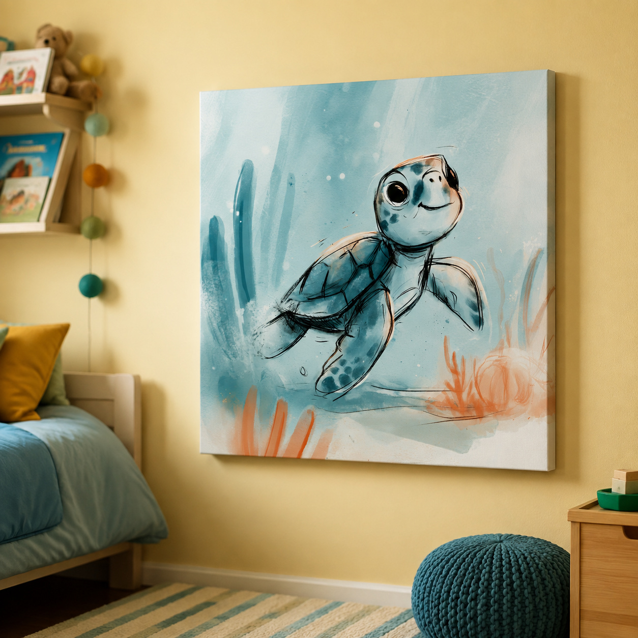 Mockup: Cute Sea Turtle Underwater Watercolour Illustration - Marine Life Wall Art