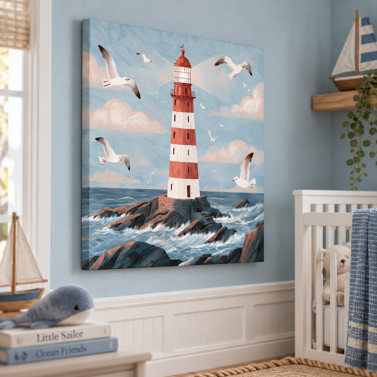 Mockup: Whimsical Scandi Lighthouse Seagull Painting - Coastal Wall Art