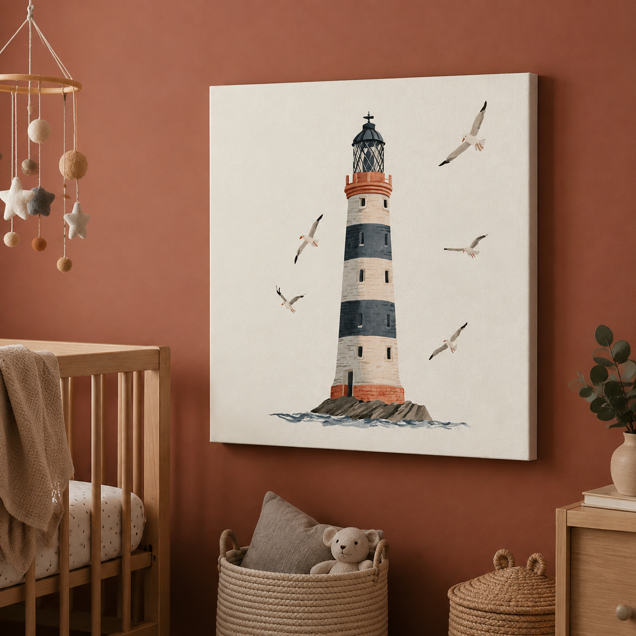 Mockup: Whimsical Scandi Lighthouse Painting - Coastal Seagull Wall Art