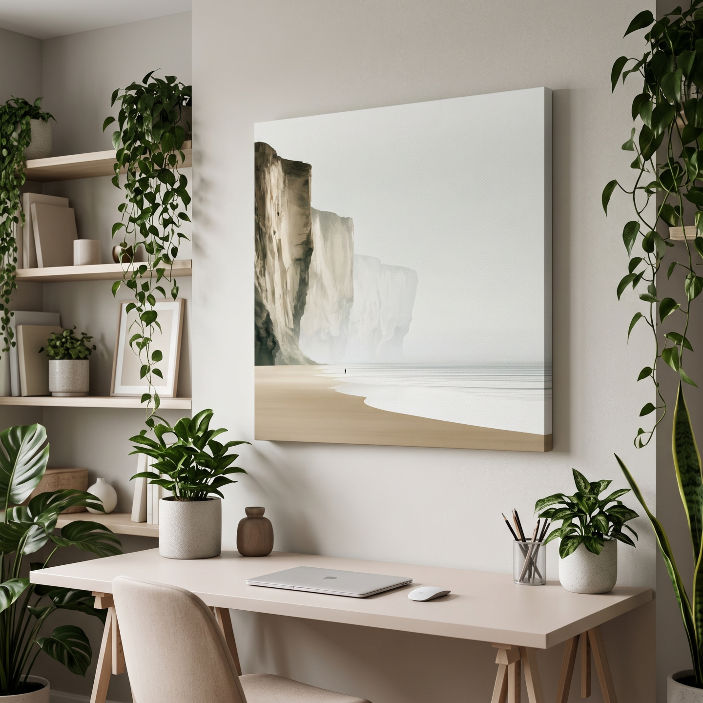 Mockup: Misty Coastal Cliffs Beach Illustration - Minimalist Landscape Wall Art