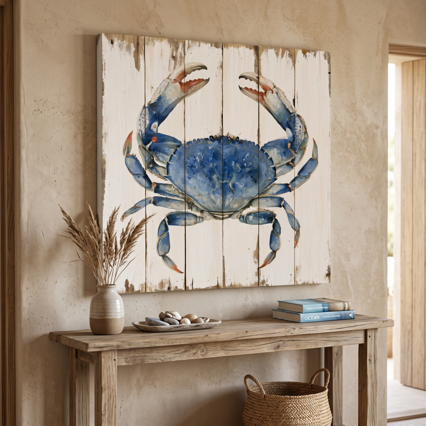 Mockup: Blue Crab Painting on Wood Effect - Rustic Coastal Marine Life Wall Art